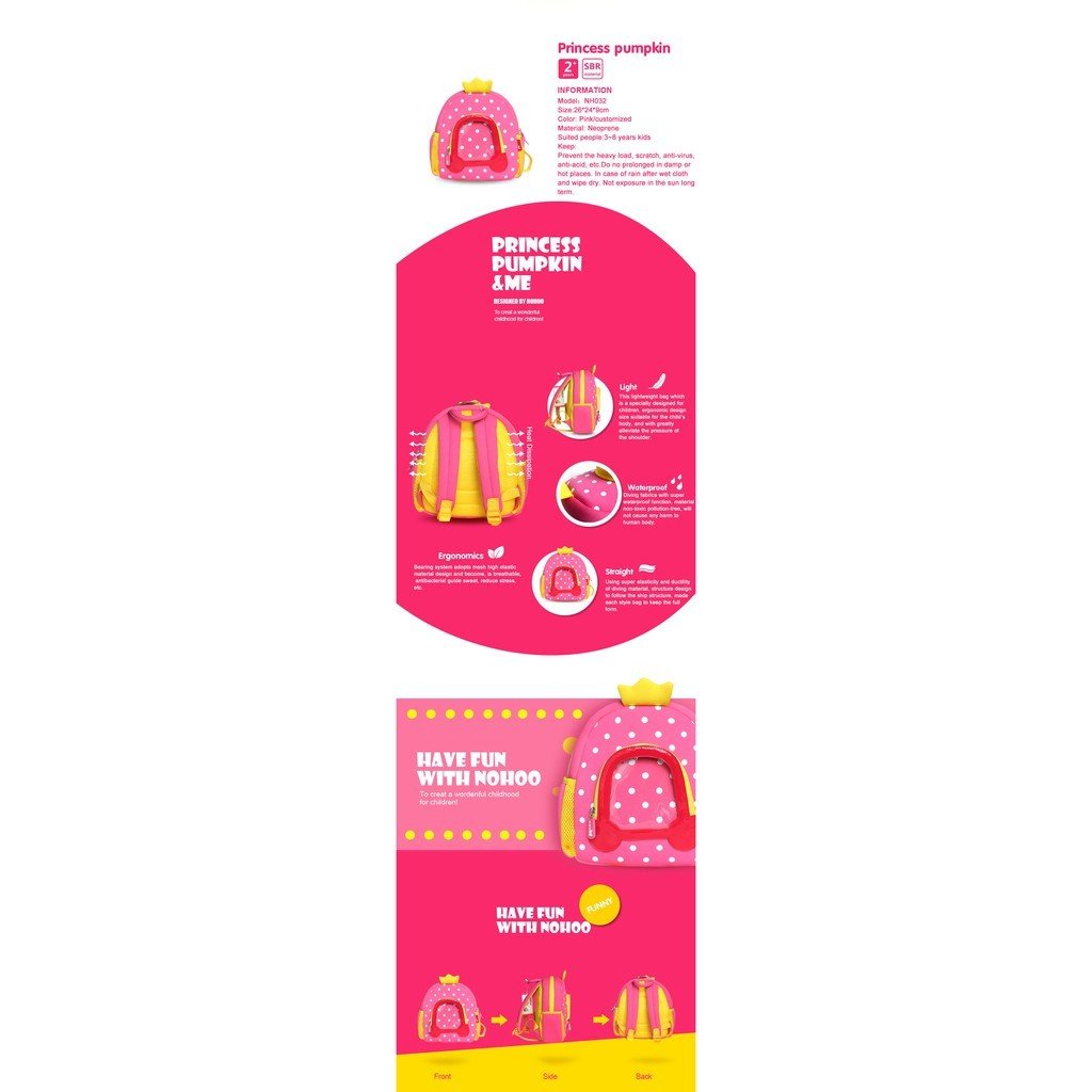 NOHOO Kid Pumpkin 3D Design Children Travel School Bag Waterproof Kindergarden