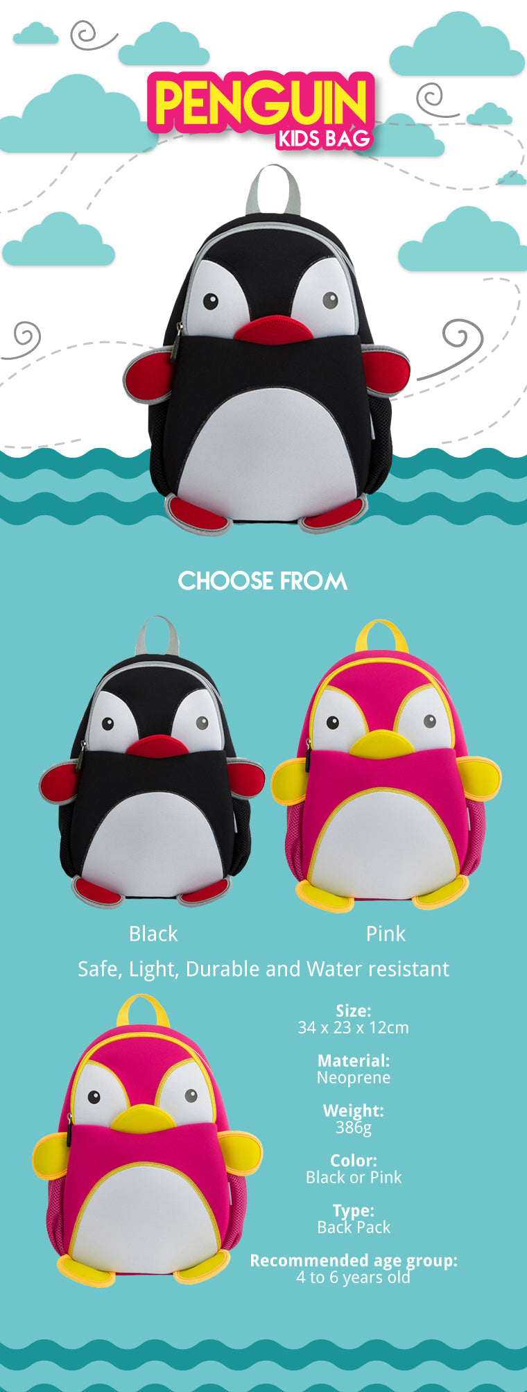 NOHOO Kid Penguin 3D Design School Bag Waterproof Preschool Backpack Bags A4 Bag