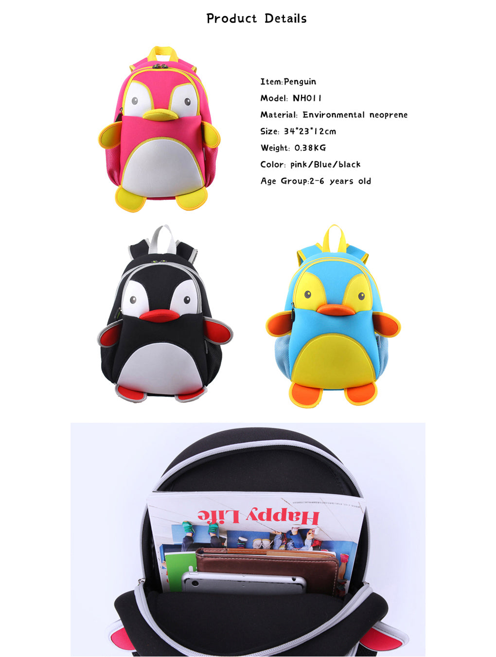 NOHOO Kid Penguin 3D Design School Bag Waterproof Preschool Backpack Bags A4 Bag