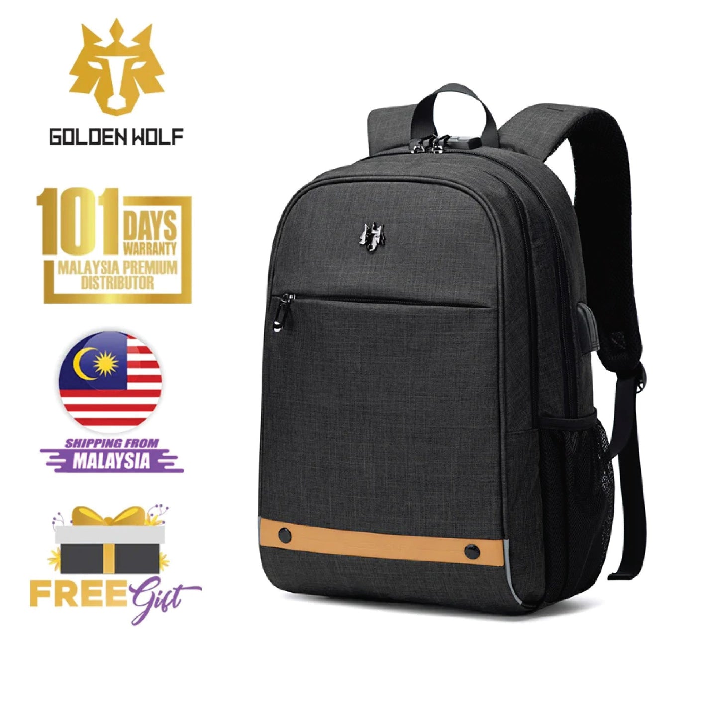 Golden Wolf Rattlers TSA Lock C/W RainCover Laptop Backpack Travel Backpack Student Backpack (15.6")