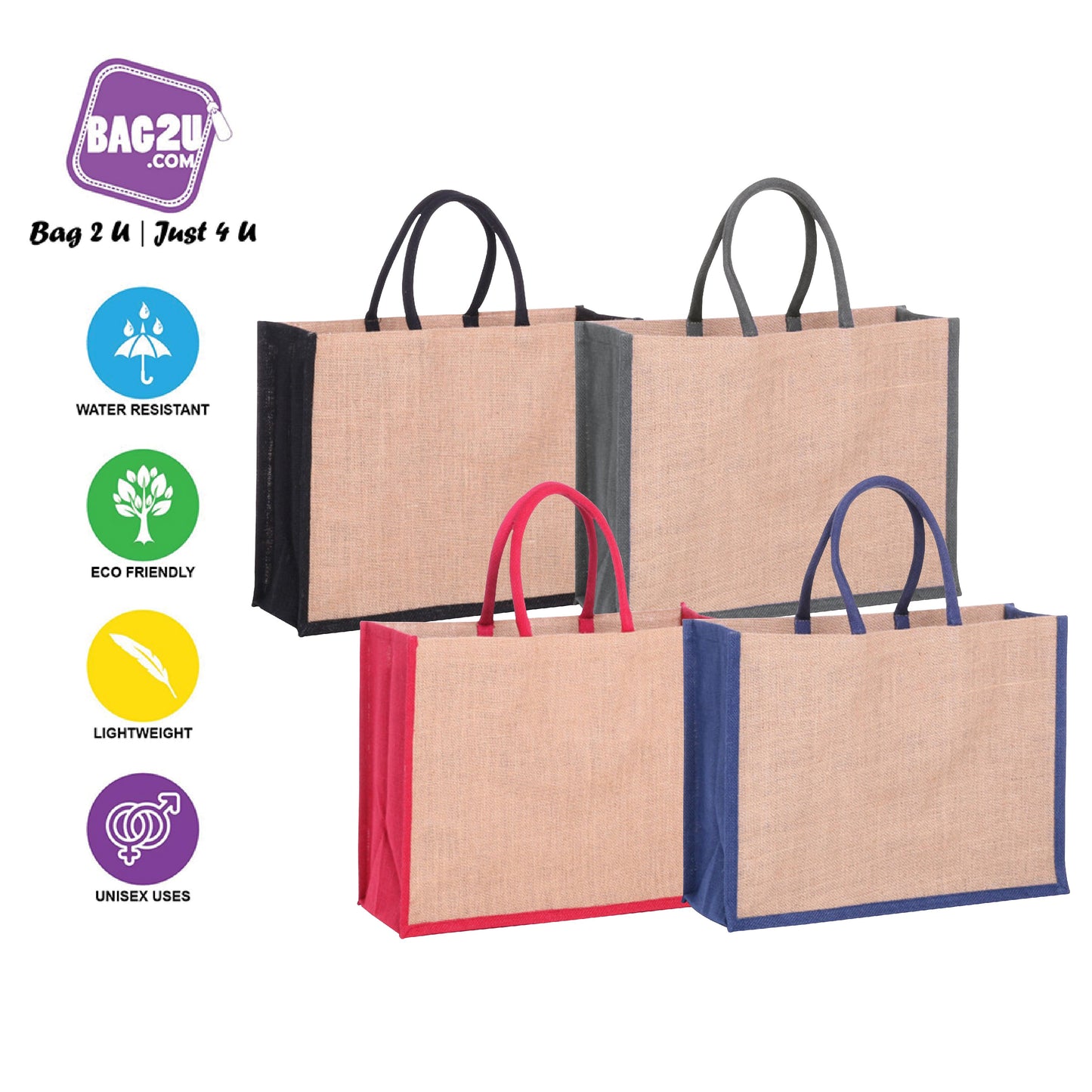 Bag2u TwoTone Jute Bag Tote Bag Color Handle Shopping Jute Bag